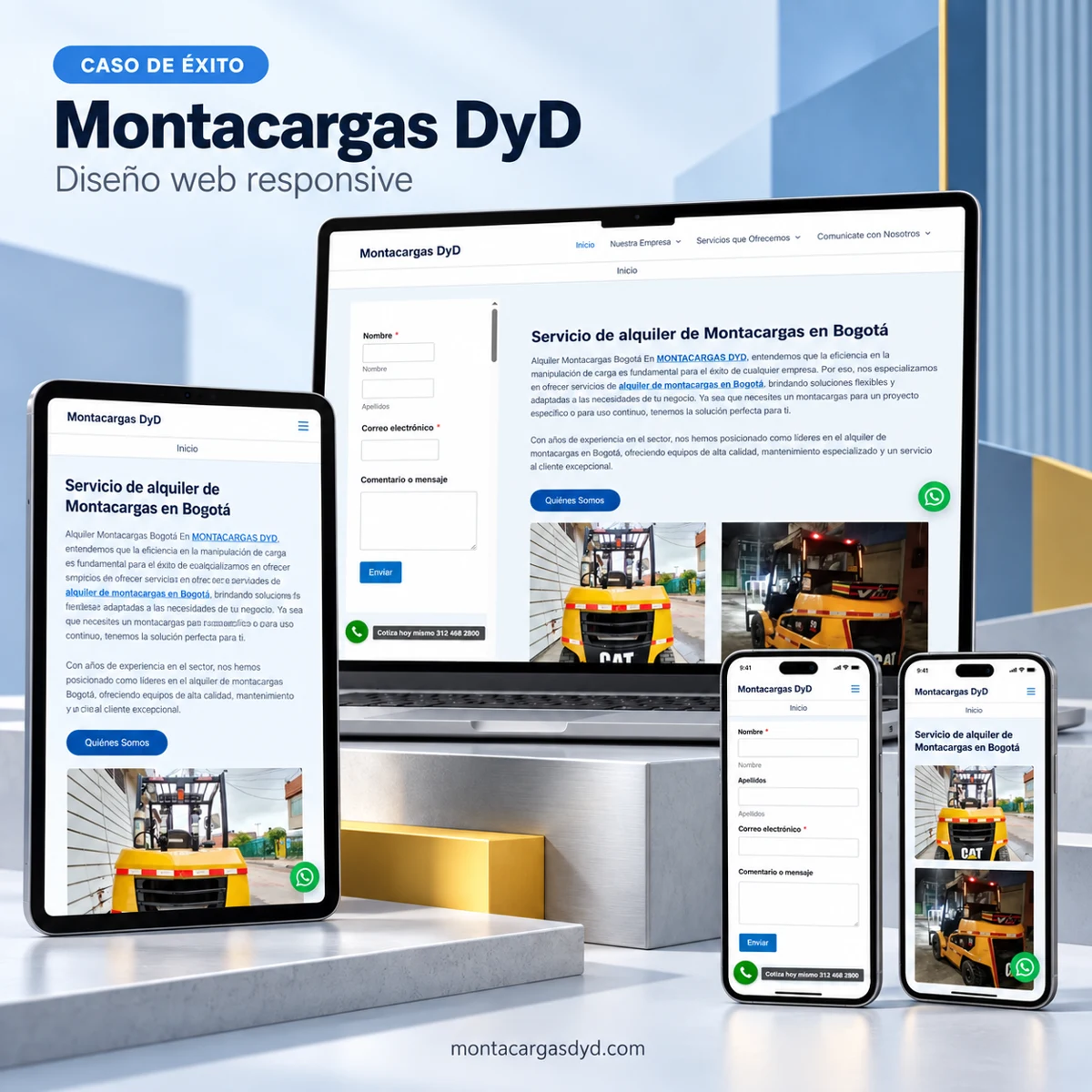 Presentación del sitio web de Montacargas DyD en computador, tablet y móviles, con servicios y formulario de contacto
