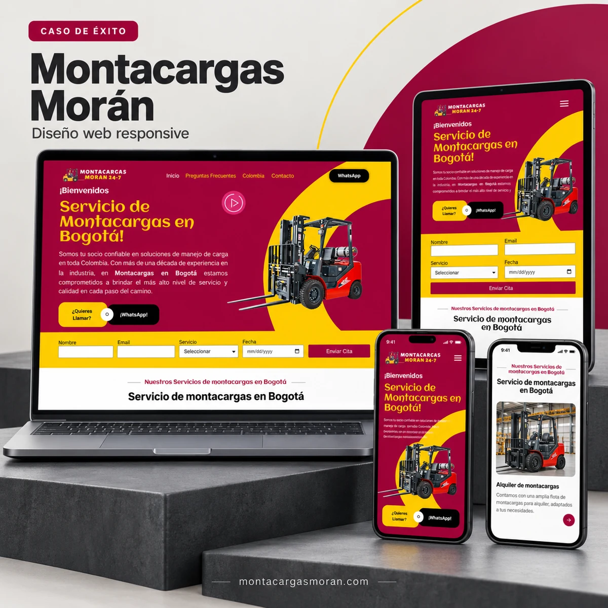 Sitio web de Montacargas Moran en computador, tablet y teléfonos, con diseño vinotinto y amarillo y presentación del alquiler de montacargas