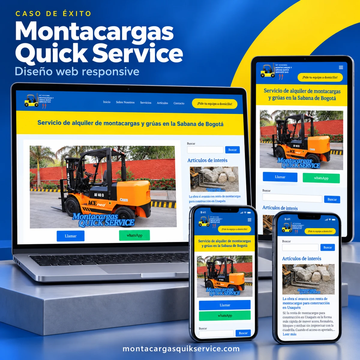 Presentación de la web de Montacargas y Grúas Quick Service S.A.S. en computador, tablet y móviles, con identidad azul y amarilla