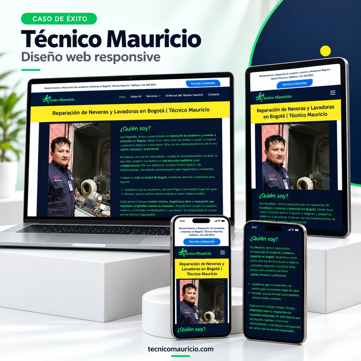 Presentación del sitio web de Técnico Mauricio en computador, tablet y teléfonos, con información sobre reparación de lavadoras y neveras en Bogotá